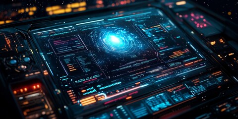 Fototapeta premium Interactive space command interface, showcasing advanced celestial charts, digital readouts, and responsive control panels