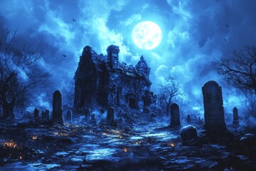Obraz premium Illustrate a haunted timetraveling graveyard with 178 sky, sunset, night, landscape, clouds, sun, nature, moon, sunrise, fantasy, light, blue, city, water, aurora, dark, cloud, lights, northern, silh