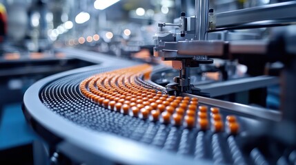 Automated assembly line in a pharmaceutical factory, with pills being sorted and packaged.