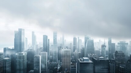 A cityscape with gray skyscrapers rising against a cloudy sky, capturing urban life