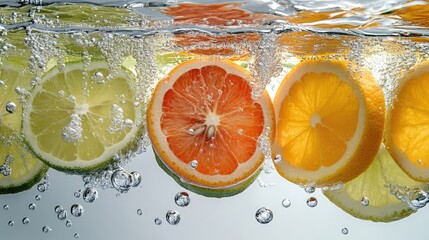 Vibrant slices of citrus fruits suspended in water, creating mesmerizing sinking patterns