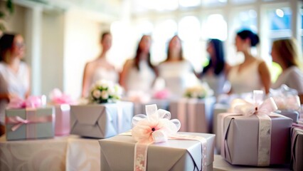 Softly blurred background of wrapped gifts at a bridal shower.
