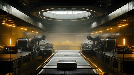 74. A high-tech facility with advanced robotics handling toxic waste in a controlled environment