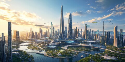 Fototapeta premium An expansive futuristic world with interlinked smart cities, showcasing advanced architecture and innovative urban designs