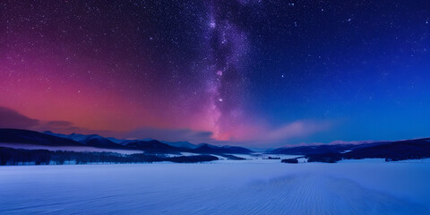 Naklejka premium winter night sky filled with stars, above a snow-covered field with a distant silhouette of mountains.