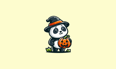 cartoon panda holding pumpkin vector illustration mascot design