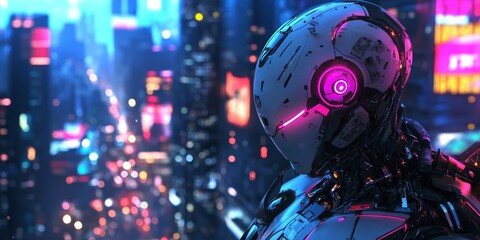 Fototapeta premium Close-up of a futuristic humanoid robot with glowing neon accents, advanced mechanics, and a dark, cyberpunk cityscape in the background
