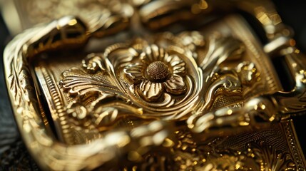 A close-up of a gold belt buckle on a high-end fashion accessory, showcasing craftsmanship