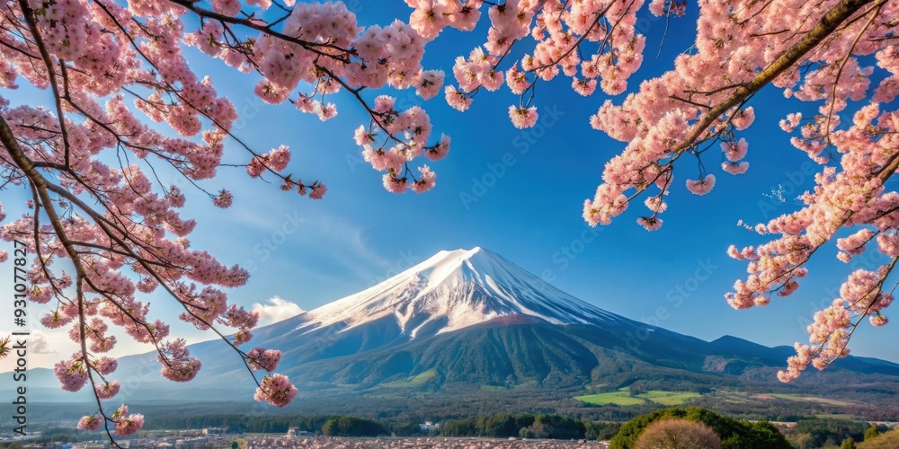 Wall mural breathtaking view of mount fuji with cherry blossoms in bloom , japan, landscape, iconic, nature, mo