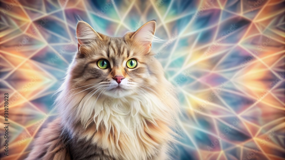 Wall mural Close-up of a fluffy pastel-colored pretty cat against a fractal geometric pattern background , cat, fluffy, pastel, colorful