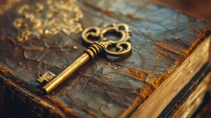 A close-up of a golden key resting on an ancient book, symbolizing knowledge and secrets
