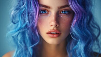 Captivating portrait of a woman with blue and purple hair and freckles