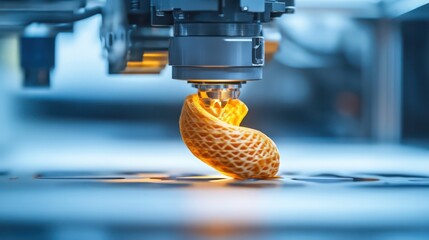 3D printer in action, creating a complex object layer by layer, symbolizing the future of manufacturing and prototyping.
