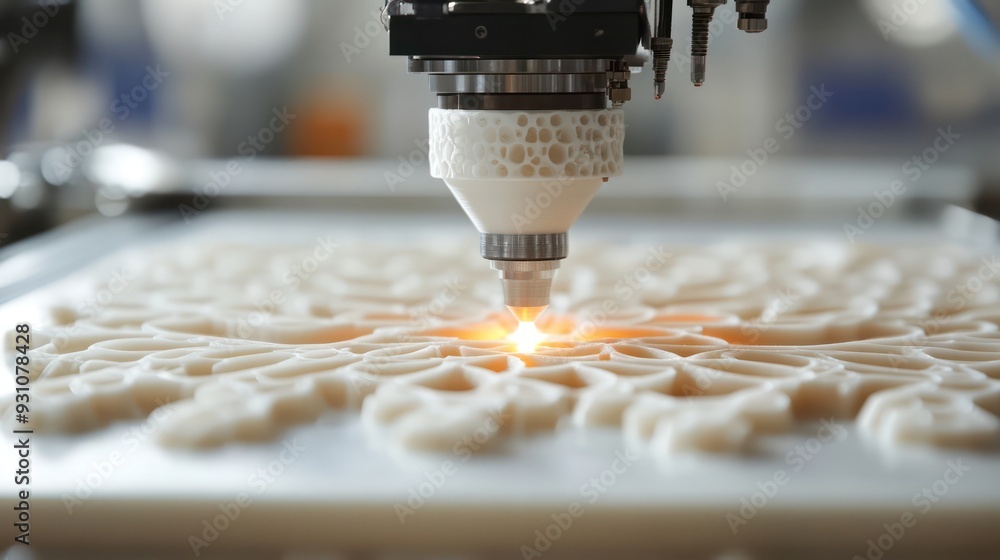 Poster a machine is creating a design on a white surface