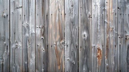 A close-up of a gray, weathered wooden fence, showing the texture and grain of the wood