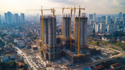 Fototapeta premium Aerial view of a large construction site with multiple cranes and workers, capturing the scale of urban development.