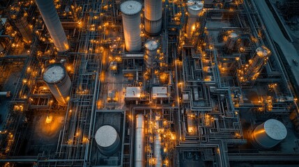 Aerial view of a sprawling oil refinery with complex networks of pipes and storage tanks, highlighting industrial infrastructure.