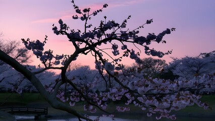 Blooming sakura flowers on cherry blossom tree in sunset in the mountains