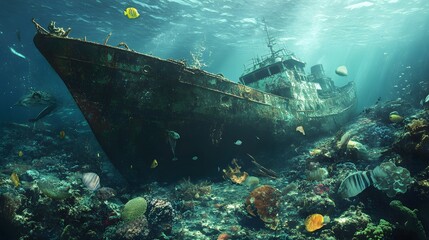 Fototapeta premium 66. An underwater scene with toxic waste leaking from an old shipwreck affecting marine life