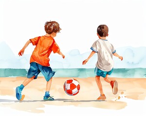 Two boys joyfully playing soccer on the beach, showcasing fun and energy in a vibrant watercolor style.