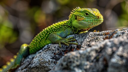 A close-up of a green lizard basking on a sunlit rock, blending with its surroundings