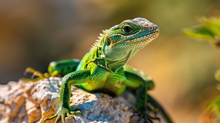 Fototapeta premium A close-up of a green lizard basking on a sunlit rock, blending with its surroundings