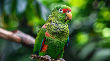 A close-up of a green parrot perched on a branch, showcasing its colorful feathers