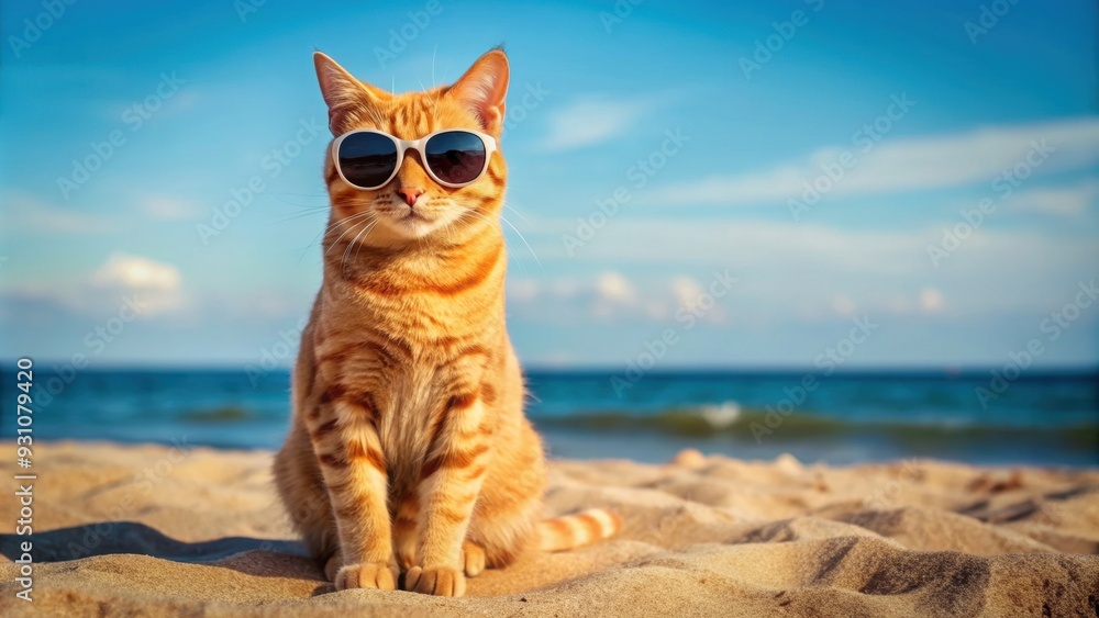 Sticker Cute orange cat in sunglasses sitting on sandy beach, orange, cat, sunglasses, beach, sand, cute, adorable, feline, pet, animal