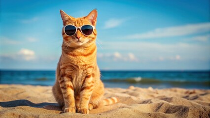 Cute orange cat in sunglasses sitting on sandy beach, orange, cat, sunglasses, beach, sand, cute, adorable, feline, pet, animal