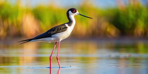 Elegant black-necked stilt standing in shallow water, wildlife, bird, nature, animal, wading, black and white, long legs