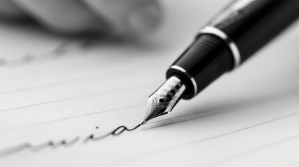 Fototapeta premium A close-up of a light black pen writing on a white sheet of paper, emphasizing contrast
