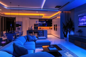Modern Living Room with Blue and Orange Lighting