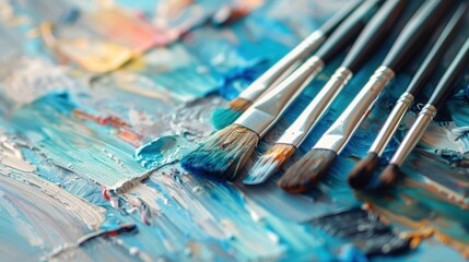Fototapeta premium A close-up of a light blue watercolor palette, with brushes ready for painting