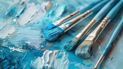 Obraz premium A close-up of a light blue watercolor palette, with brushes ready for painting