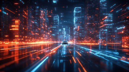 Autonomous vehicle driving through a smart city at night, with illuminated buildings and digital overlays. Future of transportation.