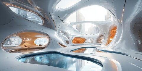 A detailed view of a futuristic space with immersive architectural elements, blending reality with digital worlds through advanced VR technology