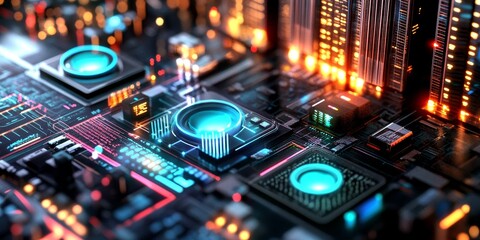 Fototapeta premium Close-up of a digital control panel for smart infrastructure, featuring dynamic city data, responsive design elements, and innovative technology