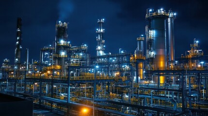 Chemical plant at night, illuminated by lights, highlighting the continuous operation of the industry.