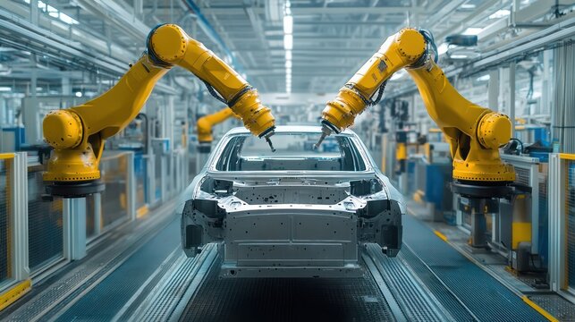 Car being painted in an automotive factory by robotic arms, focusing on automation and quality.
