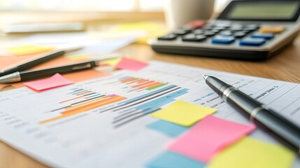 Close-up of a financial report with colorful charts and graphs on a wooden desk, surrounded by pens, a calculator, and sticky notes
