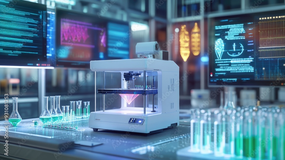 Poster high-tech lab with a 3d printer in focus, surrounded by beakers, test tubes, and digital screens dis