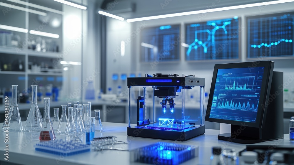 Poster high-tech lab with a 3d printer in focus, surrounded by beakers, test tubes, and digital screens dis
