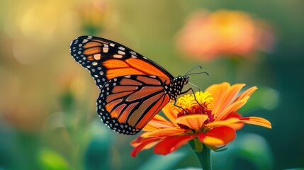Obraz premium A close-up of an orange monarch butterfly feeding on a bright flower