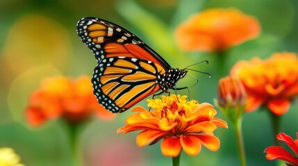 Fototapeta premium A close-up of an orange monarch butterfly feeding on a bright flower