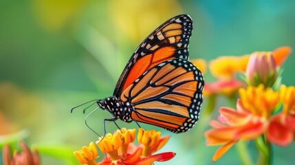 Fototapeta premium A close-up of an orange monarch butterfly feeding on a bright flower
