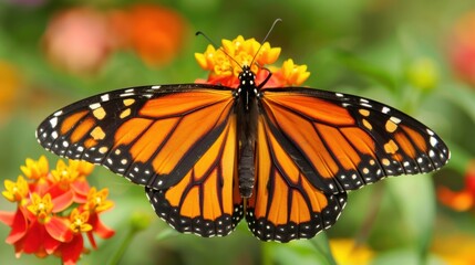 A close-up of an orange monarch butterfly feeding on a bright flower