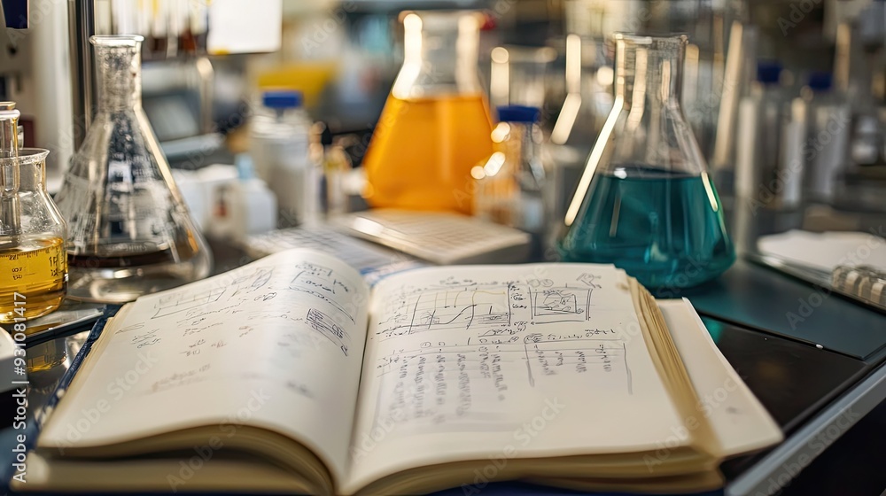 Aufkleber open lab notebook with pages densely packed with scientific observations, charts, and annotations, r