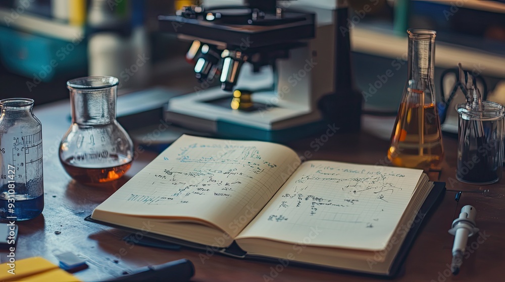 Aufkleber open lab notebook with pages densely packed with scientific observations, charts, and annotations, r