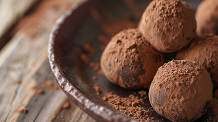 A close-up of brown chocolate truffles dusted with cocoa powder, arranged on a rustic plate