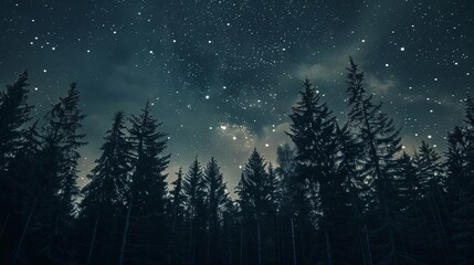 Naklejka premium Forest at night with a starry sky, night forest landscape